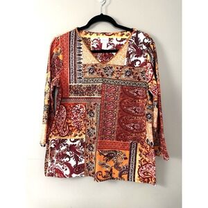 Chicos Women 1 Medium 8 Patchwork Paisley V-Neck 3/4 Sleeve Cotton Layer Stretch